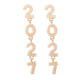 Women Full Rhinestone Number Alloy Long Drop Earrings