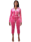 Women Velvet Color Block White Stripe Turndown Collar Zipper Top & Capri Pants Two Piece Set