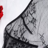 Women Eyelash Lace Trim Hollow Out See-Through Slip Lingerie Two Piece Set