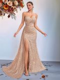 Women Sequin Strapless Sexy Slit Mermaid Formal Party Evening Dress