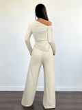 Women Solid Slash Shoulder Casual Long Sleeve Top & Long Pants Two Piece Set