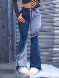 Women Color Block Patchwork Raw Edge Denim Stretchy Bell Bottom Pants
