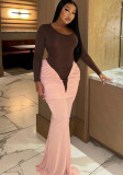 Women Sexy Color Block Ruched Long Sleeve Dress