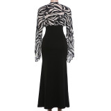 Women Fall Patchwork Bell Sleeve Sexy V Neck Mermaid Dress