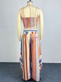 Women Fall Striped Cami Lace-Up Top & Wide Leg Pants Two Piece Set