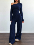 Women Solid Slash Shoulder Casual Long Sleeve Top & Long Pants Two Piece Set