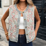 Women Casual Printed Jacquard Sleeveless Waistcoat Vest