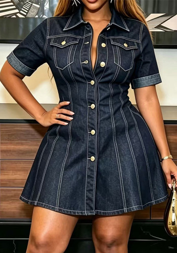 Women Short Sleeve Casual Denim Dress