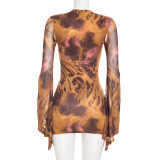Women Sexy Tie Hollow Out Mesh Long Sleeve Bell Bottom Bodycon Mini Dress