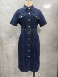 Women Turndown Collar Short Sleeve Denim Bodycon Dress