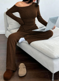 Women Solid Slash Shoulder Casual Long Sleeve Top & Long Pants Two Piece Set