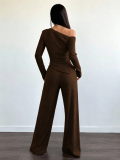 Women Solid Slash Shoulder Casual Long Sleeve Top & Long Pants Two Piece Set