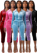 Women Velvet Color Block White Stripe Turndown Collar Zipper Top & Capri Pants Two Piece Set Women Velvet Color Block White Stripe Turndown Collar Zipper Top & Capri Pants Two Piece Set