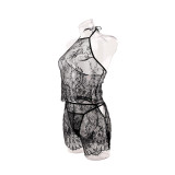Women Eyelash Lace Trim Hollow Out See-Through Slip Lingerie Two Piece Set