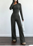 Women Solid Slash Shoulder Casual Long Sleeve Top & Long Pants Two Piece Set