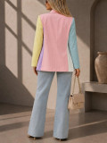 Women Color Block Patchwork Turndown Collar Long Sleeve Blazer Coat