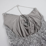 Women Sexy Sequin Draped Collar Halter Neck Chain Patchwork Backless Bodycon Dress