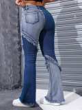 Women Color Block Patchwork Raw Edge Denim Stretchy Bell Bottom Pants