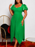 Women Fall Puff Sleeve Elegant Irregular Pleated Christmas Dress