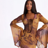 Women Sexy Tie Hollow Out Mesh Long Sleeve Bell Bottom Bodycon Mini Dress