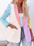 Women Color Block Patchwork Turndown Collar Long Sleeve Blazer Coat
