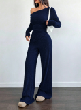Women Solid Slash Shoulder Casual Long Sleeve Top & Long Pants Two Piece Set