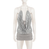 Women Sexy Sequin Draped Collar Halter Neck Chain Patchwork Backless Bodycon Dress