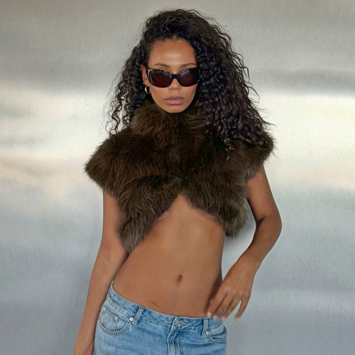 Women Fall Stand Collar Furry Sexy Top