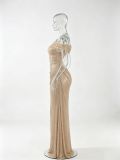 Women’s Fully Rhinestone Embellished Slash Shoulder One-Shoulder Ruched Slim Waist Bodycon Maxi Dress