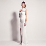 Women’s Formal Party One Shoulder Satin Beaded Floral High Slit Maxi Dress