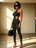 Women’s Sexy Polka Dot Print Strapless Halter Neck Tight Slim Jumpsuit