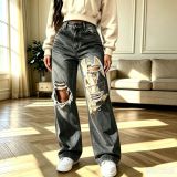 Women’s High Waist Washed Printed Ripped Baggy Denim Pants