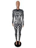 Women’s Sexy Fashion Black and White Zebra Print Long Sleeve Jumpsuit