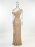 Women’s Fully Rhinestone Embellished Slash Shoulder One-Shoulder Ruched Slim Waist Bodycon Maxi Dress