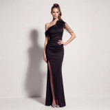 Women’s Formal Party One Shoulder Satin Beaded Floral High Slit Maxi Dress