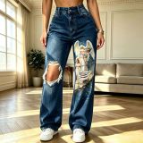 Women’s High Waist Washed Printed Ripped Baggy Denim Pants