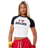 Women’s Letter Print Colorblock Raglan Sleeve Slim Fit Crop T-Shirt