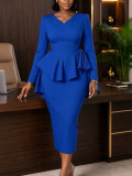 Women’s Formal Party V-Neck Ruffle Slim Waist Bodycon Midi Dress