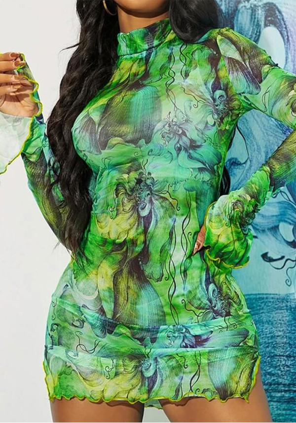 Women’s Tie-Dye Print Stretch Stand Collar Flared Sleeve Long Sleeve Slit Bodycon Dress