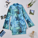 Women’s Tie-Dye Print Stretch Stand Collar Flared Sleeve Long Sleeve Slit Bodycon Dress
