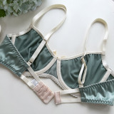 Women’s Sexy Solid Satin Ruffle Trim Underwire Push-Up Bra and Thong Lingerie Set