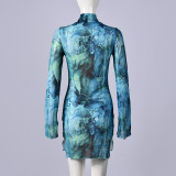 Women’s Tie-Dye Print Stretch Stand Collar Flared Sleeve Long Sleeve Slit Bodycon Dress