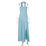 Women’s Summer Sexy Strapless Slit Low Back Sash Solid Color Slim Fit Maxi Dress