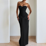 Women’s Sexy Strapless Solid Color Sash Slim Waist Slim Fit Maxi Dress