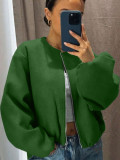 Women’s Autumn Winter Streetwear Round Neck Balloon Sleeves Zip-Up Baseball Bomber Jacket