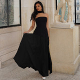 Women’s Summer Sexy Strapless Slit Low Back Sash Solid Color Slim Fit Maxi Dress