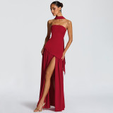 Women’s Summer Sexy Strapless Slit Low Back Sash Solid Color Slim Fit Maxi Dress