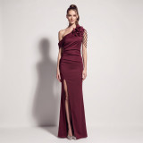 Women’s Formal Party One Shoulder Satin Beaded Floral High Slit Maxi Dress