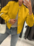 Women’s Autumn Winter Ribbed Collar and Single-Breasted Button Baseball Bomber Jacket