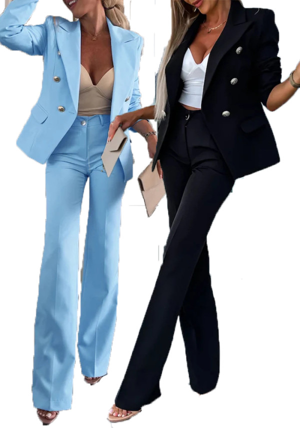 Women’s Luxury Career Double-Breasted Buttons and Pockets Blazer and Wide Leg Pants Two-Piece Set